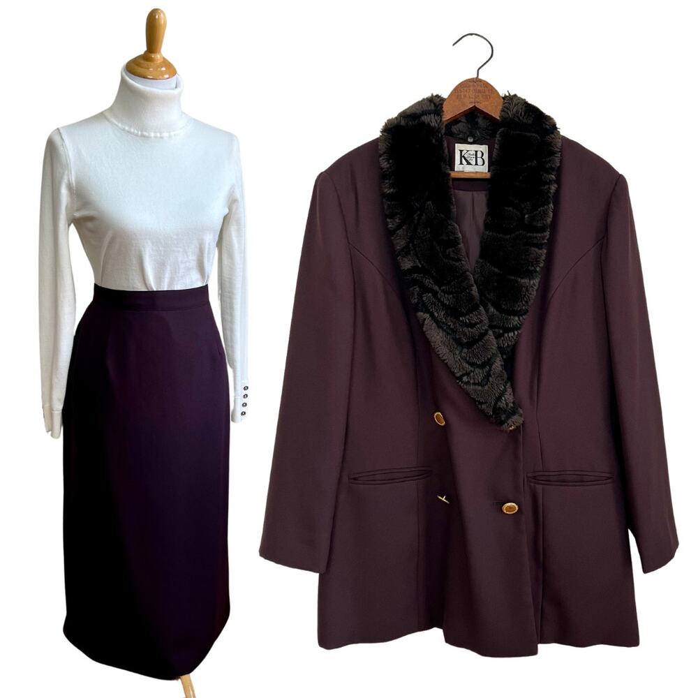 Vintage 80s KB Skirt Blazer Suit Set Faux Fur Collar Burgundy 16‎
